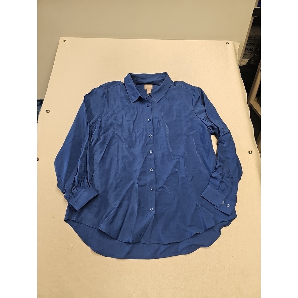 Chicos Blue Satin Button Down Shirt Long Sleeve Textured Blouse Size 3 XL